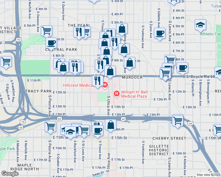 map of restaurants, bars, coffee shops, grocery stores, and more near 1111 South Utica Avenue in Tulsa