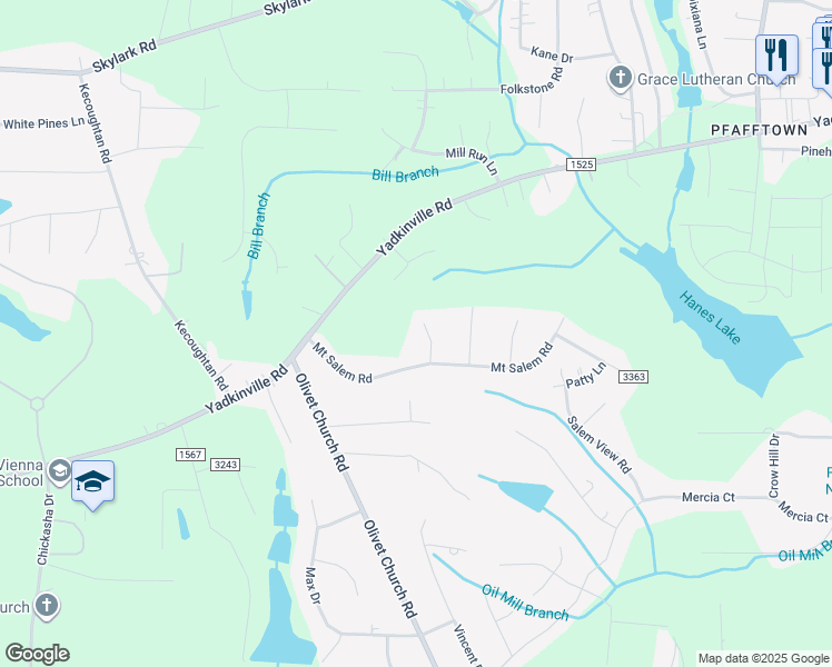 map of restaurants, bars, coffee shops, grocery stores, and more near 5305 Bracy Ridge Court in Pfafftown