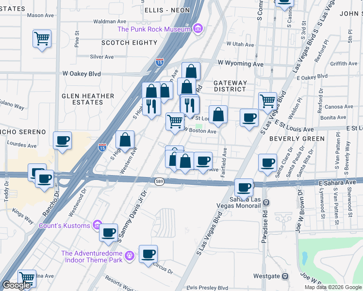 map of restaurants, bars, coffee shops, grocery stores, and more near 2129 South Sammy Davis Junior Drive in Las Vegas