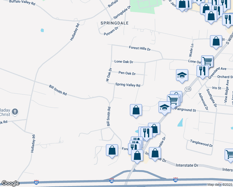 map of restaurants, bars, coffee shops, grocery stores, and more near 791 West Oak Drive in Cookeville