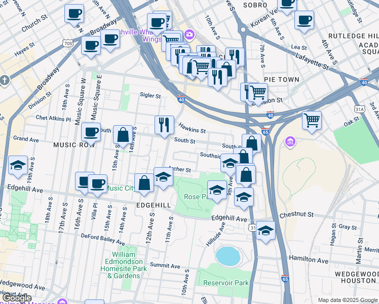map of restaurants, bars, coffee shops, grocery stores, and more near 1019B South Street in Nashville