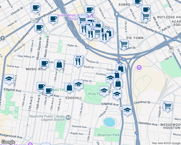 map of restaurants, bars, coffee shops, grocery stores, and more near 1019B South Street in Nashville