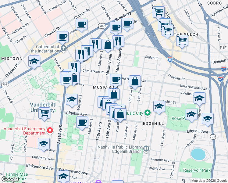map of restaurants, bars, coffee shops, grocery stores, and more near 62 Music Square West in Nashville