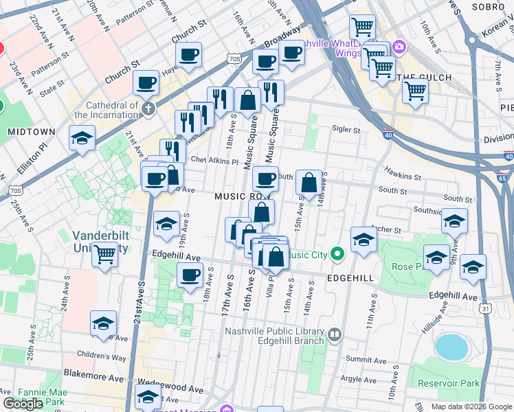 map of restaurants, bars, coffee shops, grocery stores, and more near 62 Music Square West in Nashville
