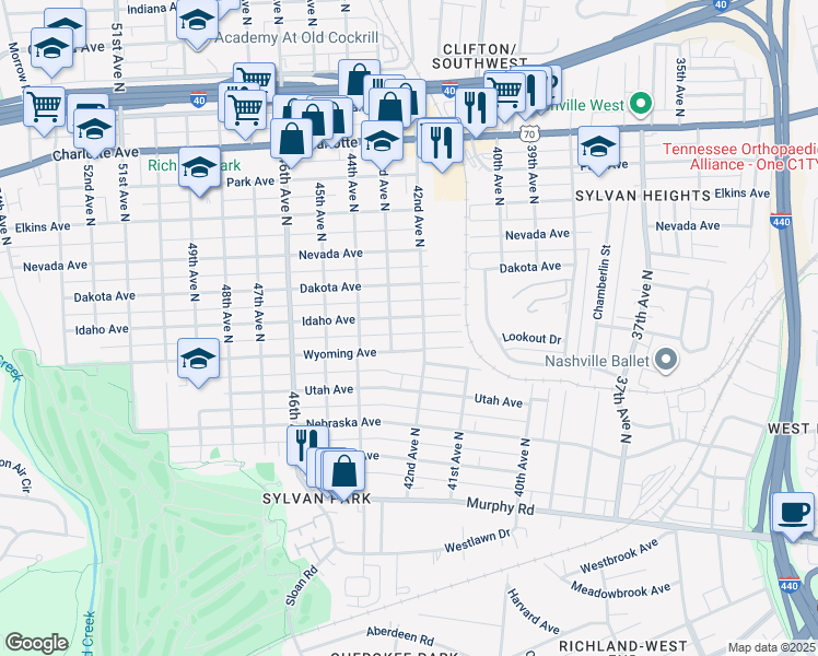 map of restaurants, bars, coffee shops, grocery stores, and more near 4210 Idaho Avenue in Nashville