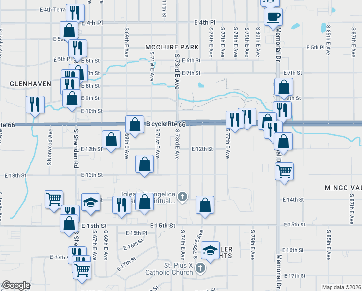 map of restaurants, bars, coffee shops, grocery stores, and more near 1124 South 74th East Avenue in Tulsa