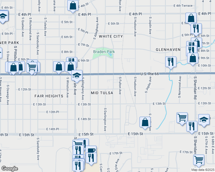 map of restaurants, bars, coffee shops, grocery stores, and more near 5308 East 11th Street in Tulsa