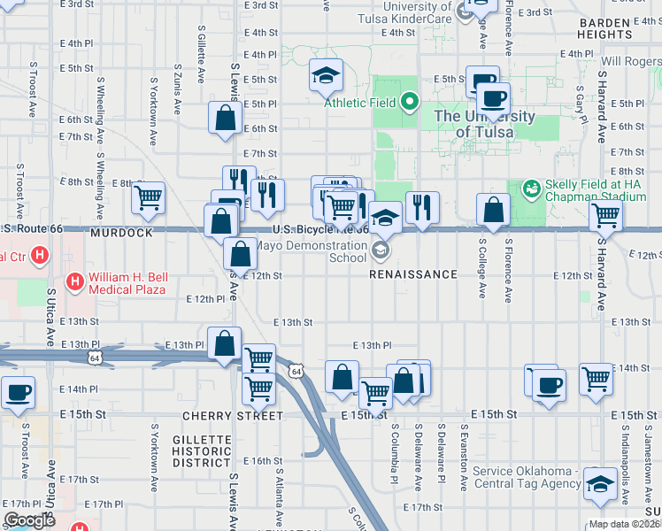 map of restaurants, bars, coffee shops, grocery stores, and more near 1121 South Birmingham Avenue in Tulsa