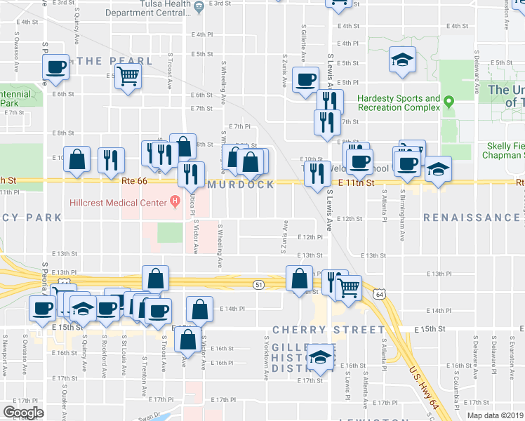 map of restaurants, bars, coffee shops, grocery stores, and more near 1123 South Xanthus Place in Tulsa