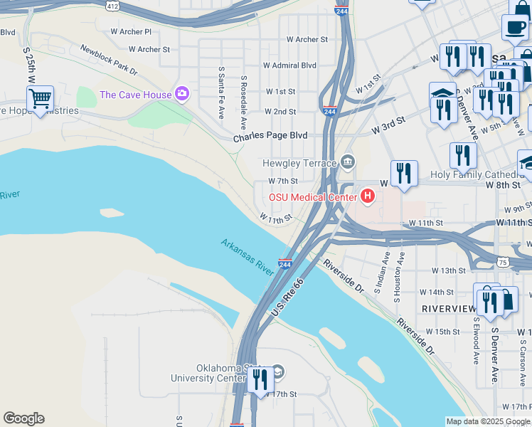 map of restaurants, bars, coffee shops, grocery stores, and more near 726 South Phoenix Avenue in Tulsa