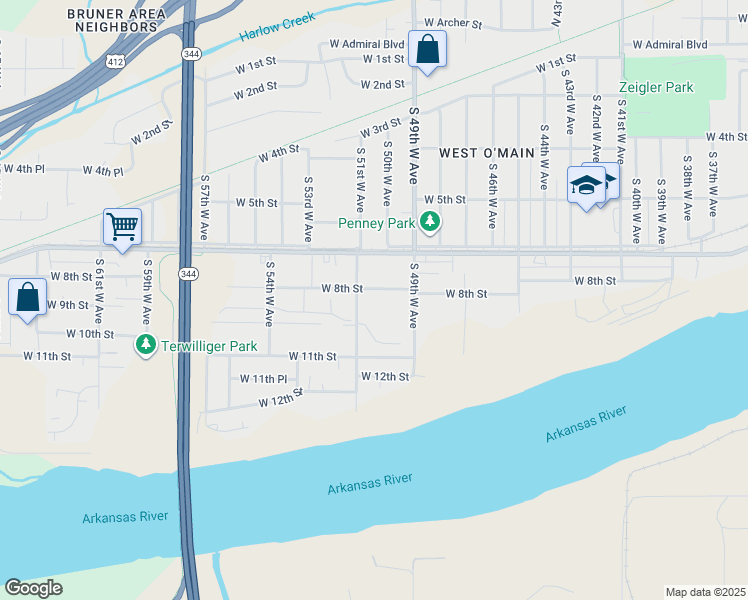 map of restaurants, bars, coffee shops, grocery stores, and more near 4951 West 8th Street in Tulsa