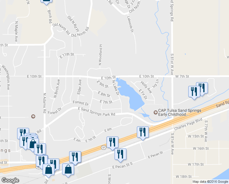 map of restaurants, bars, coffee shops, grocery stores, and more near 706 North Lake Drive in Sand Springs