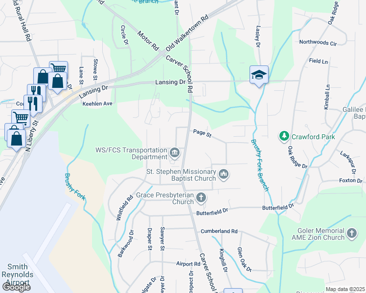 map of restaurants, bars, coffee shops, grocery stores, and more near 4202 Carver School Road in Winston-Salem