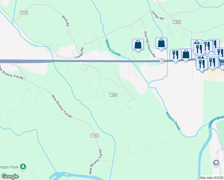 map of restaurants, bars, coffee shops, grocery stores, and more near 163 Kerry Lane in Wilkesboro