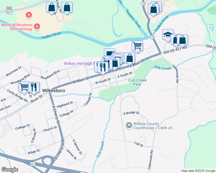 map of restaurants, bars, coffee shops, grocery stores, and more near South West Street in Wilkesboro