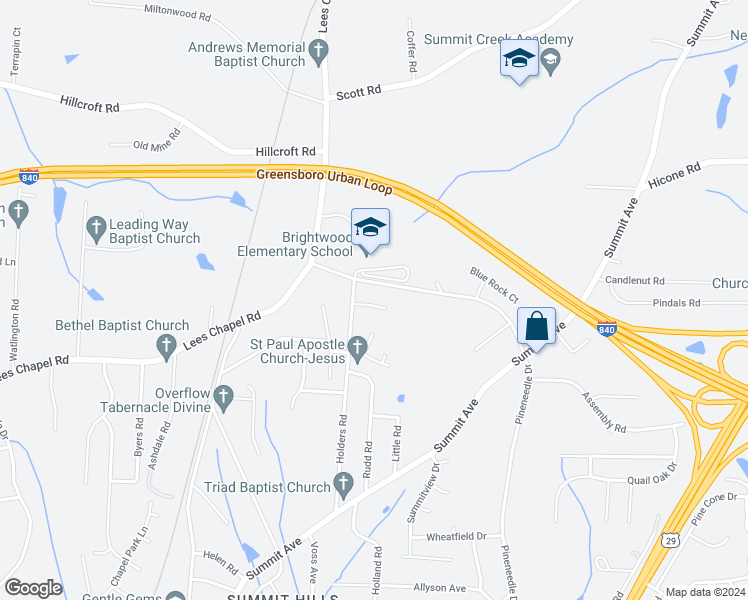 map of restaurants, bars, coffee shops, grocery stores, and more near 1909 Brightwood Landing Lane in Greensboro