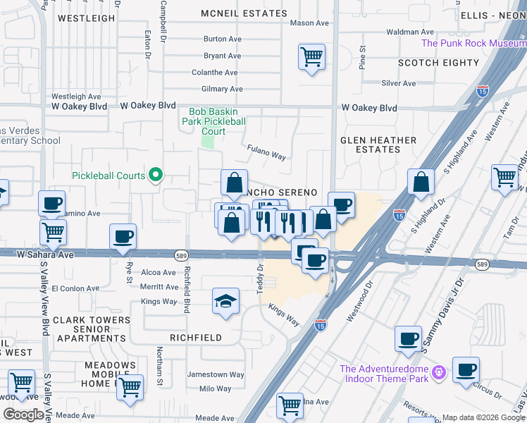 map of restaurants, bars, coffee shops, grocery stores, and more near 2209 Paseo Del Prado in Las Vegas
