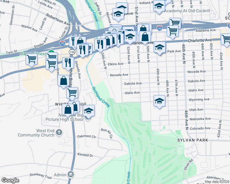 map of restaurants, bars, coffee shops, grocery stores, and more near 217 53rd Avenue North in Nashville