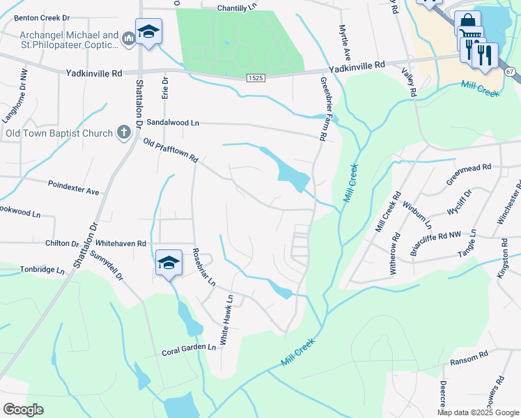 map of restaurants, bars, coffee shops, grocery stores, and more near 3630 Old Pfafftown Road in Winston-Salem