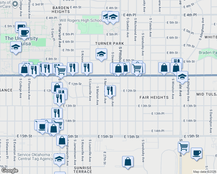 map of restaurants, bars, coffee shops, grocery stores, and more near 4001 East 11th Place in Tulsa