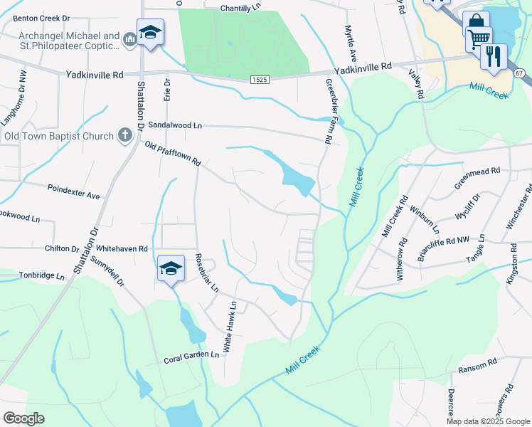 map of restaurants, bars, coffee shops, grocery stores, and more near 3630 Old Pfafftown Road in Winston-Salem