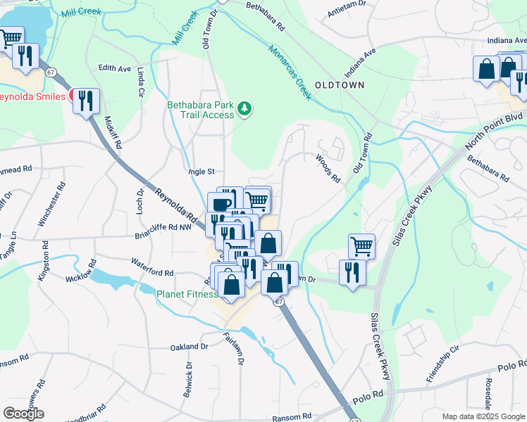 map of restaurants, bars, coffee shops, grocery stores, and more near 135 Columbine Drive in Winston-Salem