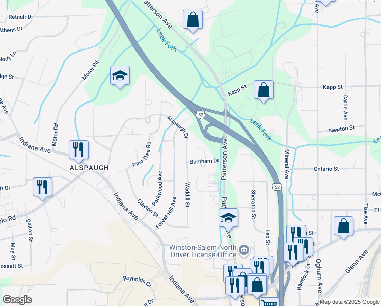 map of restaurants, bars, coffee shops, grocery stores, and more near 571 Alspaugh Drive in Winston-Salem