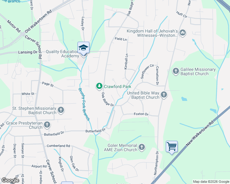 map of restaurants, bars, coffee shops, grocery stores, and more near 4107 Orchid Drive in Winston-Salem