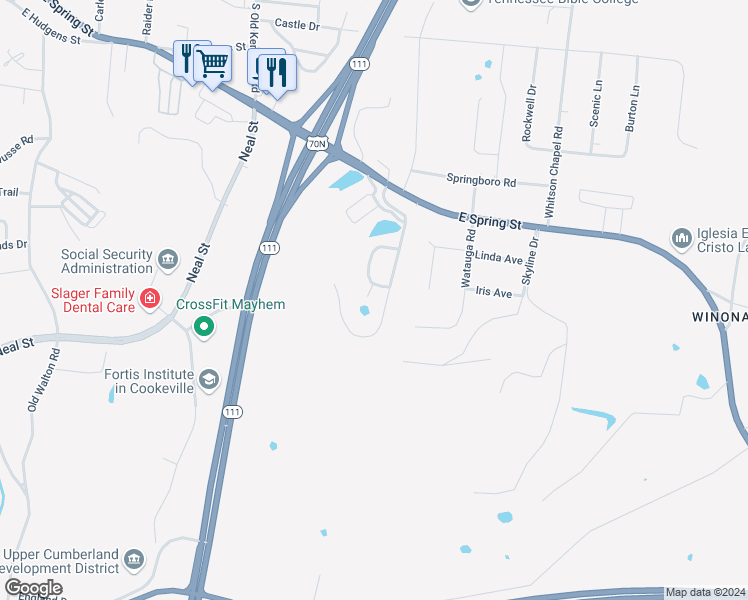 map of restaurants, bars, coffee shops, grocery stores, and more near 1482 Oxford Place in Cookeville