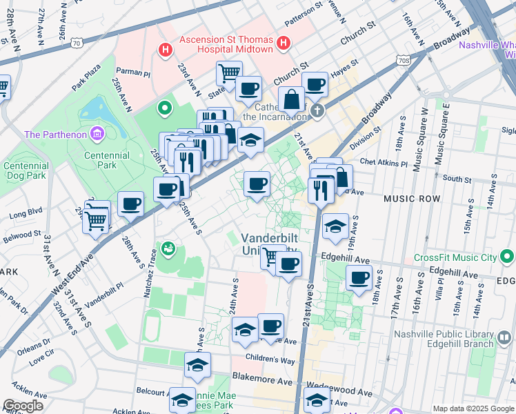 map of restaurants, bars, coffee shops, grocery stores, and more near 2301 Vanderbilt Place in Nashville