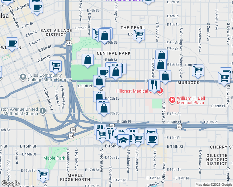 map of restaurants, bars, coffee shops, grocery stores, and more near 1121 South Quincy Avenue in Tulsa