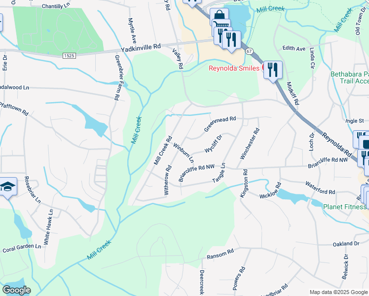 map of restaurants, bars, coffee shops, grocery stores, and more near 4181 Witherow Road in Winston-Salem