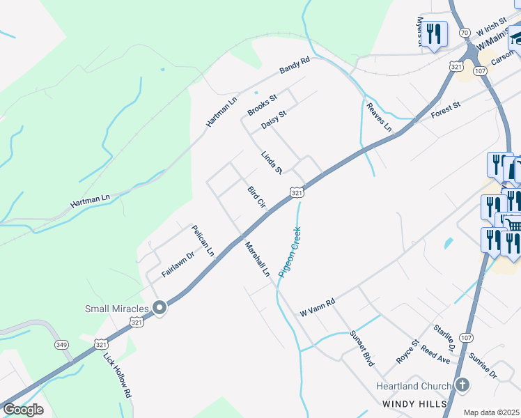 map of restaurants, bars, coffee shops, grocery stores, and more near 1622 West Main Street in Greeneville