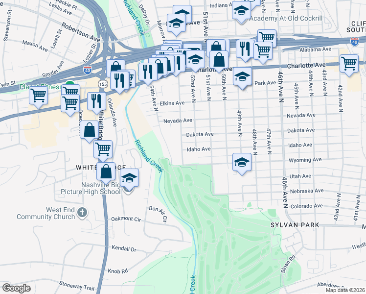 map of restaurants, bars, coffee shops, grocery stores, and more near 5201 Dakota Avenue in Nashville