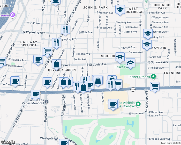 map of restaurants, bars, coffee shops, grocery stores, and more near 2108 South 6th Street in Las Vegas