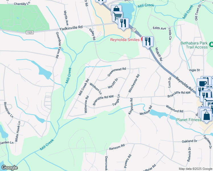 map of restaurants, bars, coffee shops, grocery stores, and more near 4176 Greenmead Road in Winston-Salem
