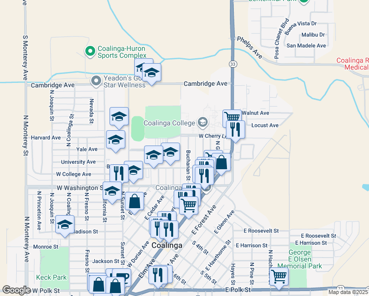 map of restaurants, bars, coffee shops, grocery stores, and more near 277 Buchanan Street in Coalinga