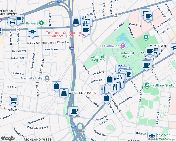 map of restaurants, bars, coffee shops, grocery stores, and more near 3142 Parthenon Avenue in Nashville