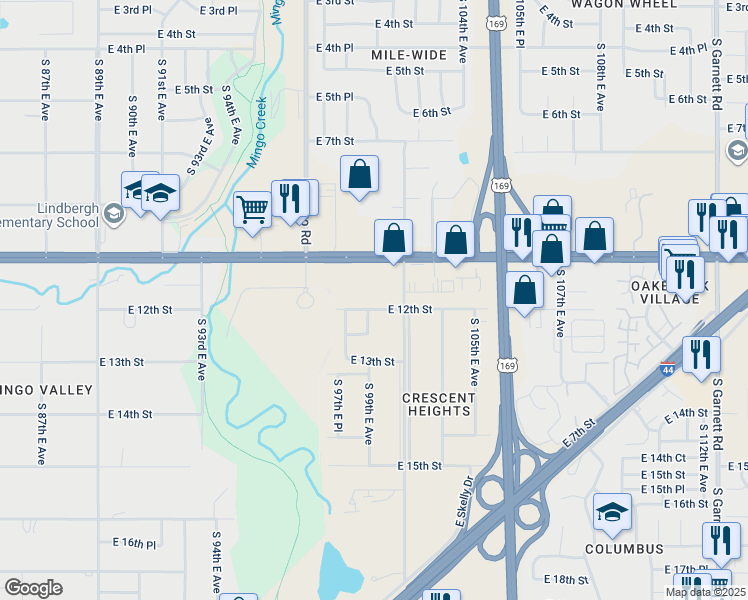 map of restaurants, bars, coffee shops, grocery stores, and more near 9837 East 12th Street in Tulsa