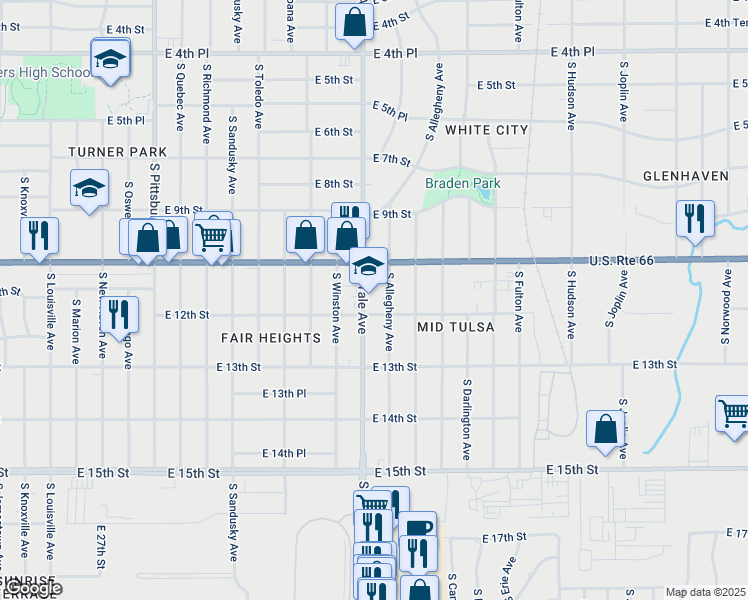 map of restaurants, bars, coffee shops, grocery stores, and more near 1136 South Allegheny Avenue in Tulsa