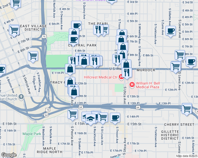 map of restaurants, bars, coffee shops, grocery stores, and more near 1124 South Saint Louis Avenue in Tulsa