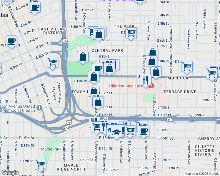 map of restaurants, bars, coffee shops, grocery stores, and more near 1121 South Quincy Avenue in Tulsa
