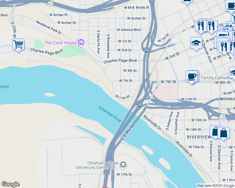 map of restaurants, bars, coffee shops, grocery stores, and more near 726 South Phoenix Avenue in Tulsa