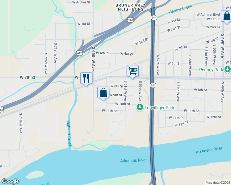 map of restaurants, bars, coffee shops, grocery stores, and more near 6112 West 8th Street in Tulsa