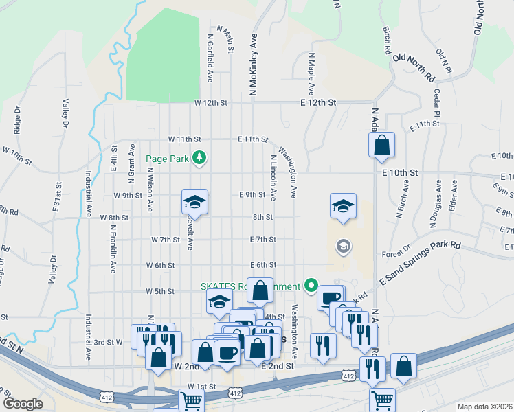 map of restaurants, bars, coffee shops, grocery stores, and more near 814 North Lincoln Avenue in Sand Springs