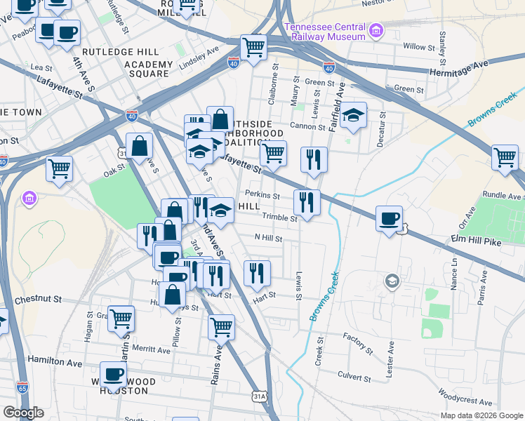 map of restaurants, bars, coffee shops, grocery stores, and more near 12 Claiborne Street in Nashville