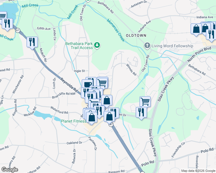 map of restaurants, bars, coffee shops, grocery stores, and more near 1510 Woods Road in Winston-Salem