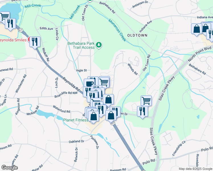 map of restaurants, bars, coffee shops, grocery stores, and more near 135 Columbine Drive in Winston-Salem