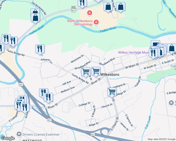 map of restaurants, bars, coffee shops, grocery stores, and more near 203 North Brook Street in Wilkesboro