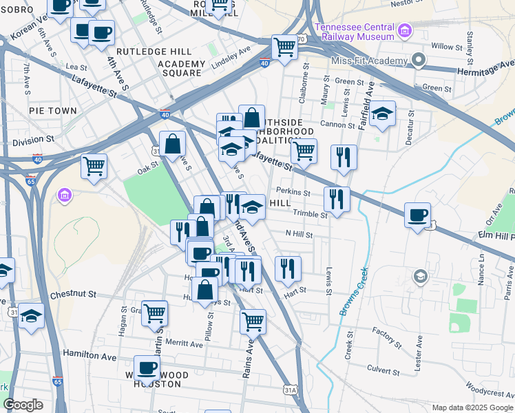 map of restaurants, bars, coffee shops, grocery stores, and more near 29 Wharf Avenue in Nashville